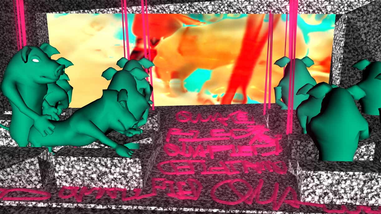 Pigs in and out of the screen are both intensively mating